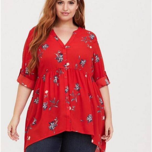 Torrid Red Floral Sheer Lightweight Flowy Feminine Hi Low Top Tunic Size 1X - Picture 1 of 9